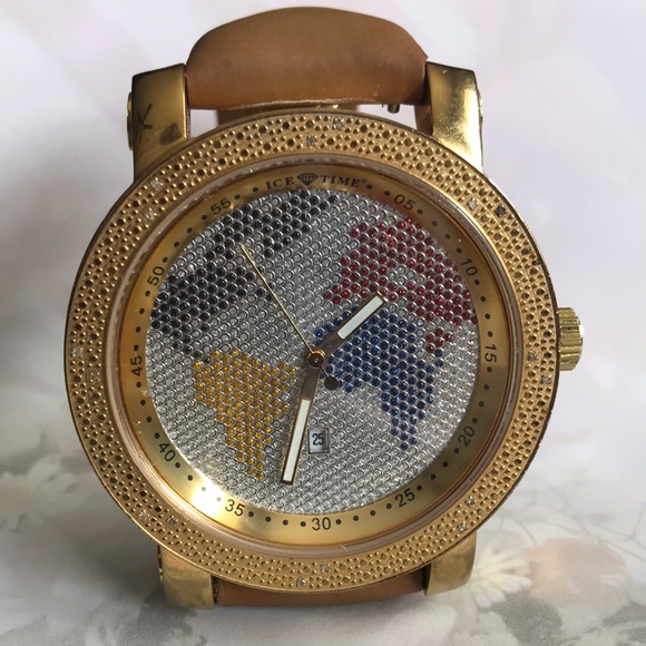 IceTime International Diamonds & Illusions Multicolored World Map Mens Watch.